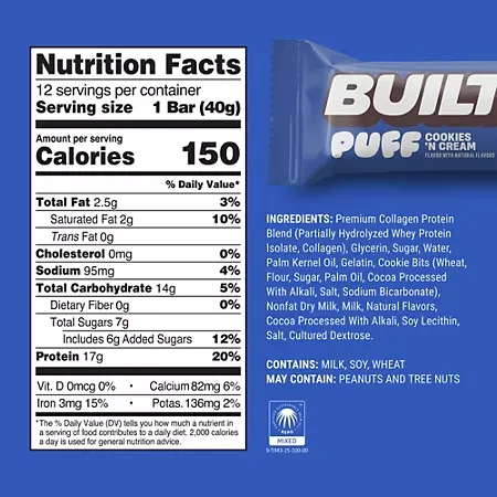 Built Puff Protein Bar - 15g Protein - Cookies 'N Cream (12 Bars)32.99 - Image 3
